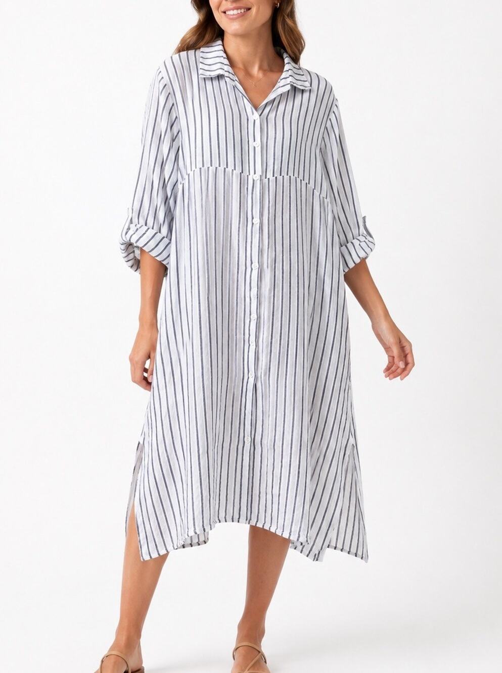 Tempo Paris 100% Linen Button Down Tunic Shirt Dress Coastal Lagenlook Resort